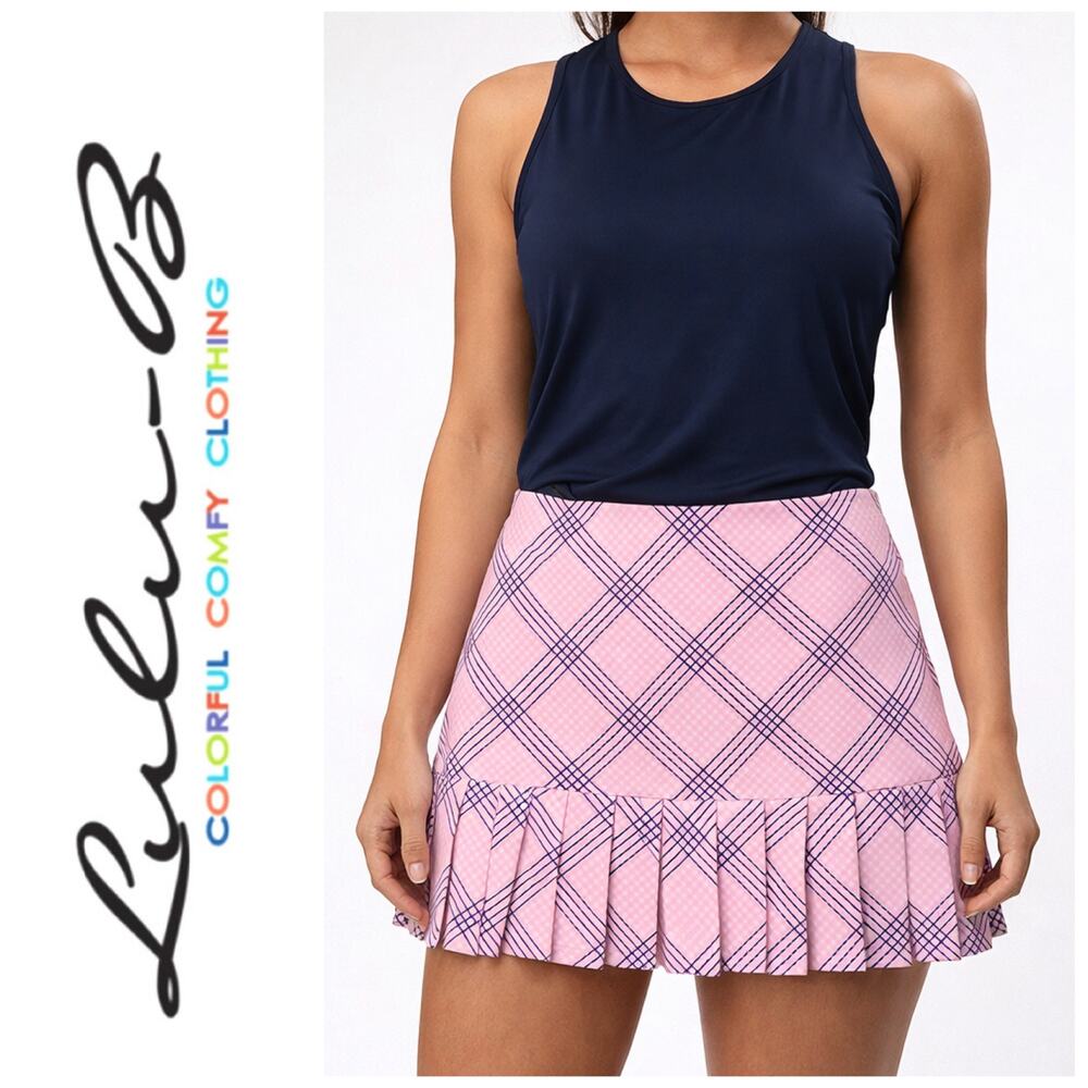 Lulu-B Pink Plaid UPF 50+ Pleated Skort Size S Zip Pockets Pull On Cooling NWOT
